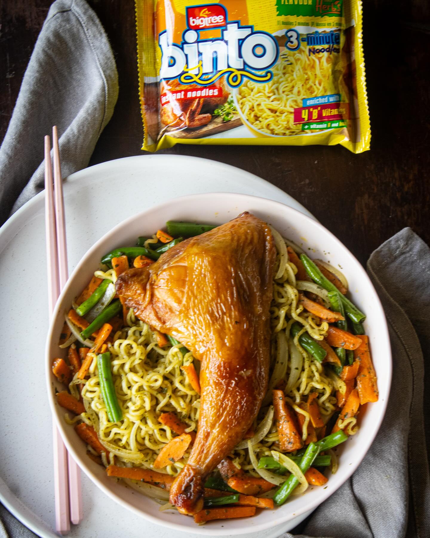 Binto Herbs noodles styled with a glazed chicken leg for BigTree Brands