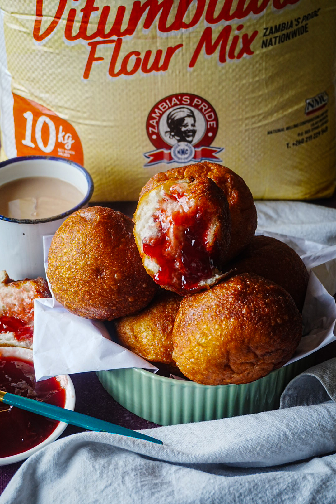 Zambia's Pride Vitumbuwa flour mix doughnuts styled with jam for National Milling Corporation