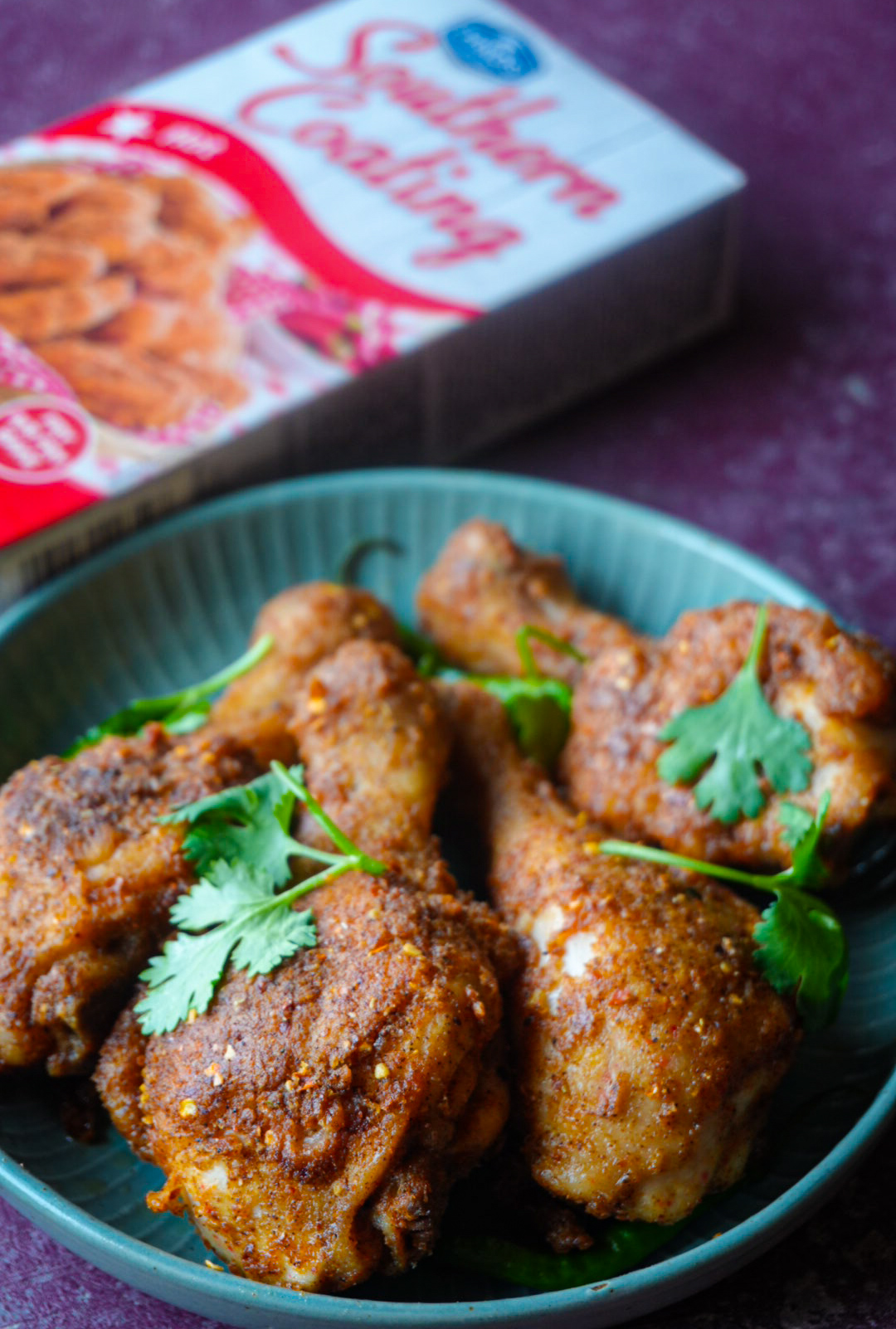 Hinds Spices Southern Coating fried chicken styled with coriander and packaging
