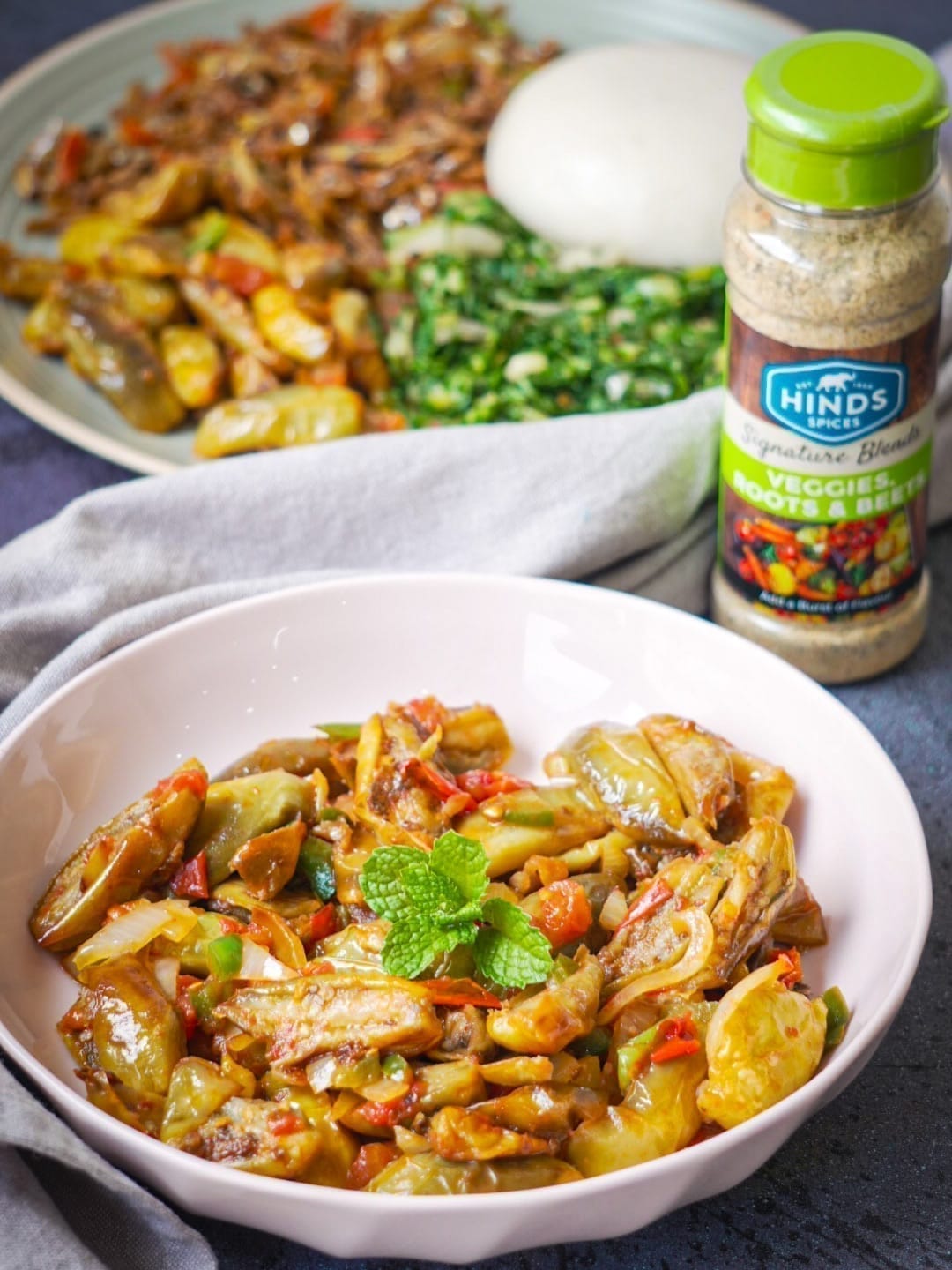 Hinds Spices veggies, roots and beets seasoning styled with an okra relish and nshima